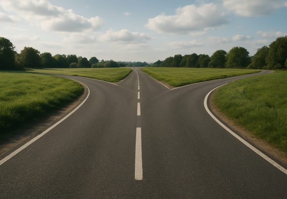 A road splitting into two paths surrounded by green fields under a cloudy sky