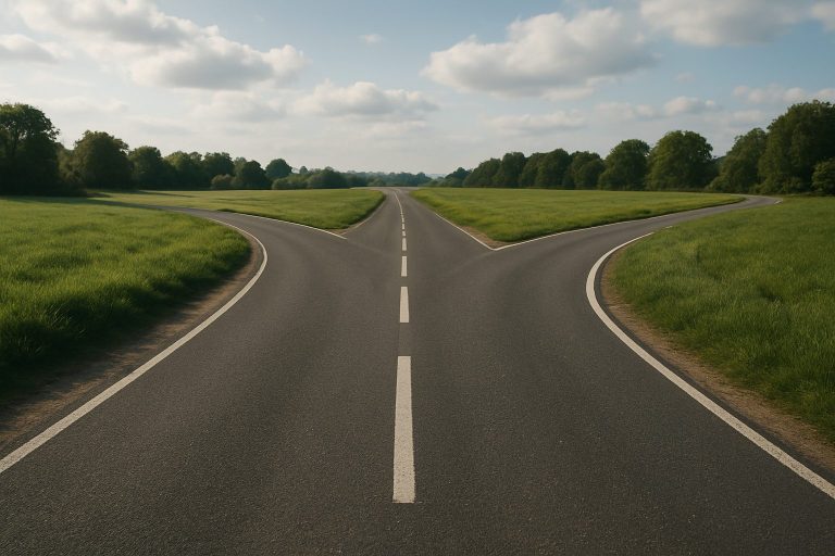 A road splitting into two paths surrounded by green fields under a cloudy sky