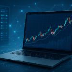 A laptop displaying a line graph with trading data on a dark blue background.