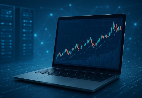 A laptop displaying a line graph with trading data on a dark blue background.