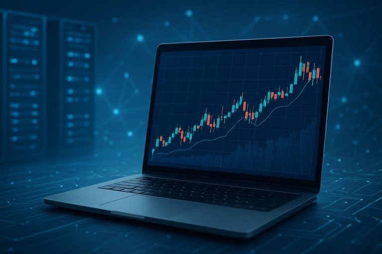 A laptop displaying a line graph with trading data on a dark blue background.