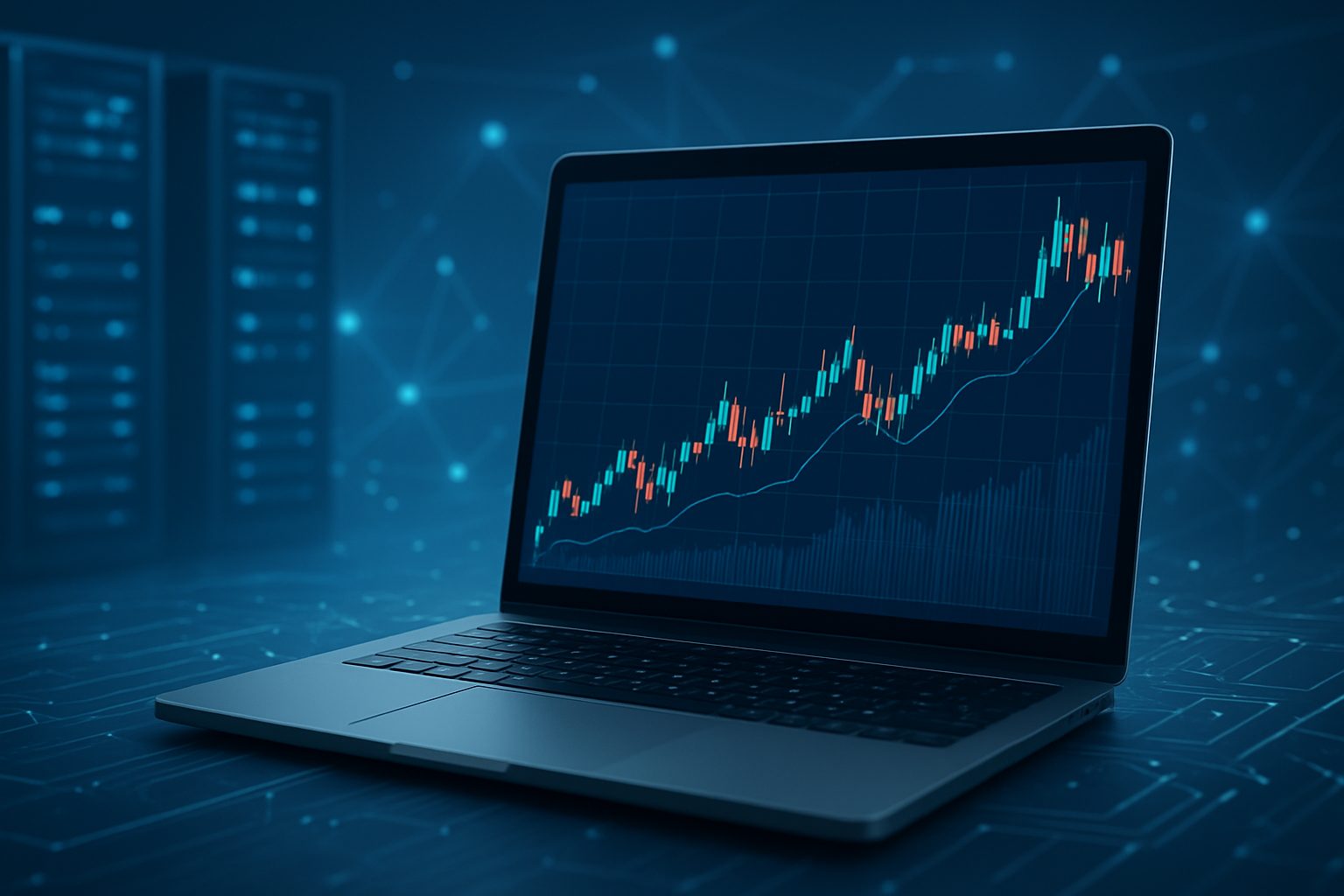 A laptop displaying a line graph with trading data on a dark blue background.