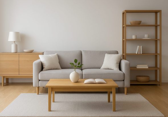 A minimalistic living room with a gray sofa, wooden coffee table, and a plant vase on the table.