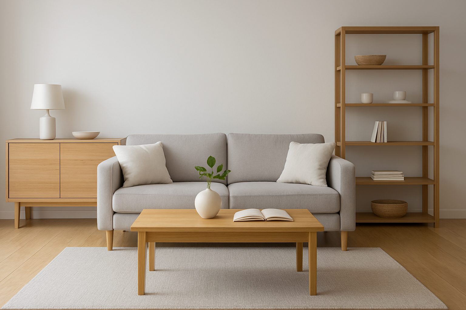 A minimalistic living room with a gray sofa, wooden coffee table, and a plant vase on the table.