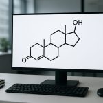 a computer monitor displaying a chemical structure related to testosterone therapy
