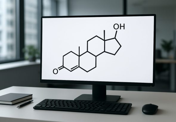 a computer monitor displaying a chemical structure related to testosterone therapy