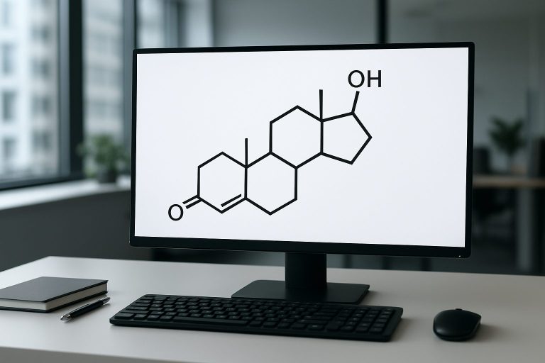 a computer monitor displaying a chemical structure related to testosterone therapy